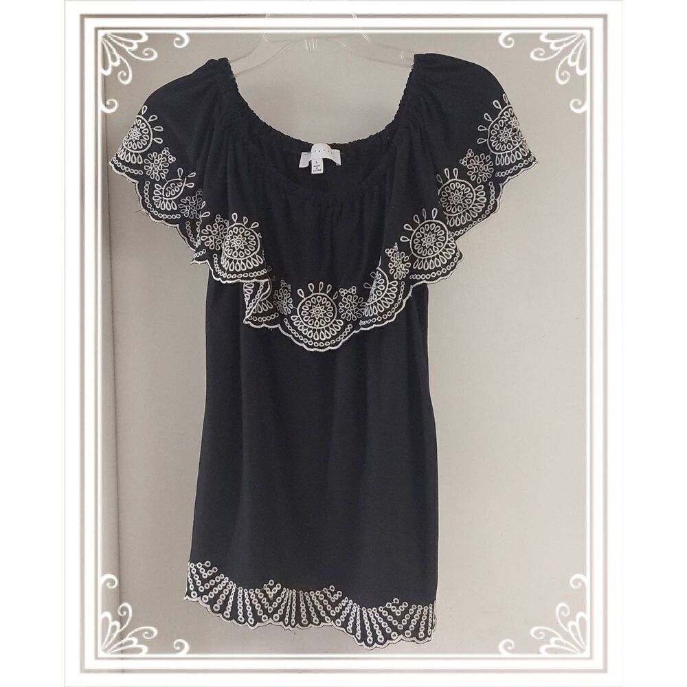 Nwot~Fever Black & White Trim Off Shoulder Ruffled Neck Top Sz Large
